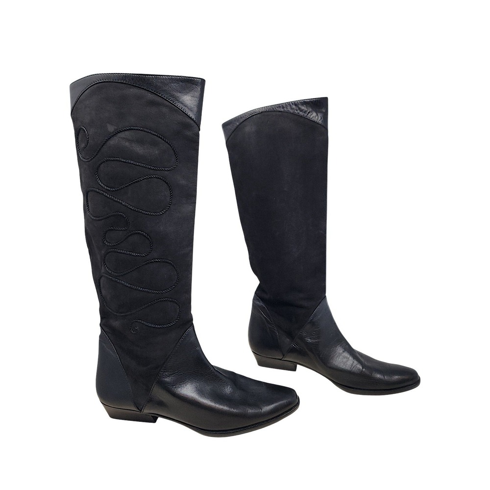 Chantal Italy Tall Boots 5.5M Wom Black Riding Leather Suede Embroidered Italian